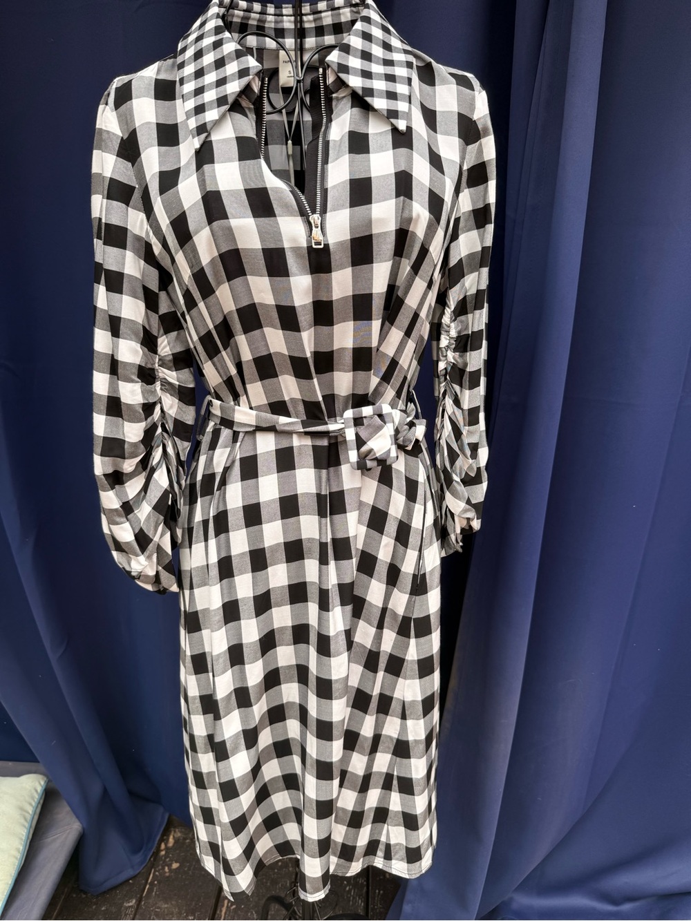Black & White Gingham Long-Sleeve Shirt Dress with Tie Belt